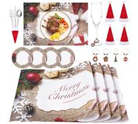 Phestival 16 IN 1 Premium PVC Christmas Placemats - Christmas Placemats Sets, Christmas Coasters, Wine Glass Charms, Christmas Cutlery Holders - Festival Christmas Dinner & Party