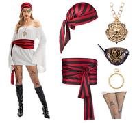 Phestival Pirate Costumes Adult Women -[6 in 1] Costume Set for Ladies with Pirate Accessories [Bandana][Eyepatch] - Perfect for Parties and Masquerades
