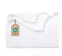 PHF 100% Cotton Cuddly Blanket 220 x 240 cm, Soft Fluffy Waffle Bedspreads, Throw for Sofa Soul Bed, 220 x 240 cm, White