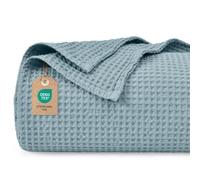 PHF 100% Cotton Waffle Blanket, Cuddly Blanket, 230 x 270 cm, Lightweight and Breathable, Perfect for Summer, Oeko-Tex® Certified, Hotel Linen Quality, Ideal for Sofa, Couch, Bed, Dusty Blue