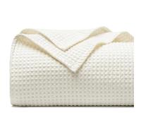 PHF 100% Cotton Waffle Weave Blanket Double Size 150 x 200cm, Pre-Washed Lightweight Breathable Throw Blanket, Oeko-TEX Certified for Bed Couch Sofa, Home Decor, Cream