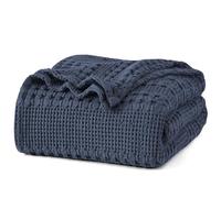 PHF 100% Cotton Waffle Weave Blanket King Size 220x240cm, Oeko-TEX Certified Pre-Washed Soft Lightweight & Breathable Throw Blanket, Luxury Aesthetic Woven Bedding for Home Decor, Dark Navy