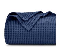 PHF 100% Cotton Waffle Weave Blanket Single Size 130 x 150cm, Pre-Washed Lightweight Breathable Throw Blanket for Summer, Oeko-TEX Certified for Bed Couch Sofa, Home Decor, Navy Blue