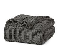 PHF 100% Cotton Waffle Weave Blanket Twin/Double Size 150x200cm, Oeko-TEX Certified Pre-Washed Soft Lightweight & Breathable Throw Blanket, Luxury Aesthetic Woven Bedding for Home Decor, Charcoal Grey