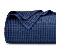 PHF 100% Cotton Waffle Weave Thermal Blanket for Home Decorations - Soft Comfortable Breathable and Moisture Absorption for All Season - Perfect for Couch Bed Sofa Queen Size (225 x 225cm) Navy Blue