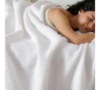 PHF 100% Cotton Waffle Weave Thermal Blanket for Home Decorations - Soft Comfortable Breathable and Moisture Absorption for All Season - Perfect for Couch Bed Sofa Queen Size (225 x 225cm) White