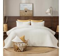 PHF 100% Wsahed Cotton Waffle Quilt Set Queen Size(90"x90")-Lightweight with Striped Channel, Cozy Quilted Bedspread Set, Home Decor, 1 Soft Coverlet with 2 Matching Shams, Cream