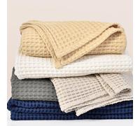 PHF 400 GSM 100% Washed Cotton Waffle Weave Blanket, Cozy Breathable Skin-Friendly Throw Twin Size for All Season, Luxury Fall Layer Bedspread for Couch Bed Sofa, Elegant Home Decor, Beige,66"x90"