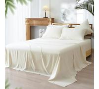 PHF Cooling Bedsheet Set King Size, Rayon Derived from Bamboo & Polyester, 6PCS Breathable & Wrinkle Free Silky Soft Bedding Sheets, Wider Elastic Band, 16'' Deep Pocket Bed Sheets & Pillowcase, Cream
