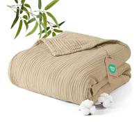 PHF Cooling Muslin Throw Blanket Single Size 130x150cm, 4-Layer Lightweight Fabric, Ultra Soft 60% Bamboo Viscose & 40% Cotton Blend, Breathable Summer Blanket for Hot Sleepers, Light Khaki
