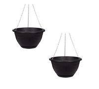 PHG Delicate Flower and Herb Plastic Hanging Basket | Large Garden Basket | Classic Plant Saucer | Wicker Hanging Basket | Easy Fill Hanging | Outdoor Planter | 32 cm (Pack of 2, Black)