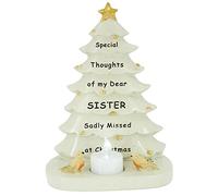 PHG Fancy Christmas Tree Grave Ornament with Heart Consoling Saying | Premium Quality Memorial Gift for Loved Ones | Grave Ornament with Flickering Tealight | Memory Tree | White (Sister)