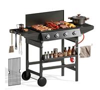 PHI VILLA Gas BBQ 4 Burner with Griddle Plate, Cast Iron Centre Insert, 2 Side Tables & Storage Shelf, Gas Grill Gas Barbecues Trolley for Home Garden Party Outdoor Cooking, 131L x 61W x 90Hcm, Black