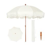 PHI VILLA Parasol Balcony Sun Protection 200 cm Bendable Round with Fringes, Boho Beach Umbrella, Garden, Wind-Resistant Parasols, Balcony Umbrella with Ground Spike for Patio, UPF 50+, Milk White