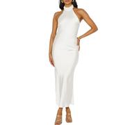 Phicia Sexy Satin Halter Neck Backless Maxi Dress for Women Elegant Tie Cowl Back Formal Wedding Guest Dress for Summer, White, S