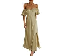 Phicia Women's Satin Off Shoulder Formal Dresses Wedding Guest Elegant Butterfly Sleeve Split Cocktail Party Midi Dress, Olive, S