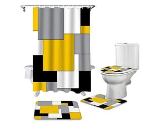 PHICON 4-Piece Shower Curtain Set Yellow Grey Patchwork Abstract Shower Curtain Sets Non-Slip Rugs Toilet Lid Cover and Bath Mat Bathroom Curtains 180x180cm