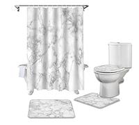PHICON 4-Piece Shower Set - White Marble Texture Bathroom Curtains with Hooks, Non-Slip Pedestal Rug & Toilet Cover - 180x180cm