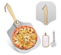 PhieeSeriy Pizza Peel 14“ x 12”, Aluminum Pizza Paddle with Foldable Wooden Handle for Easy Storage, Pizza Shovel with Pizza Cutter Wheel for Baking Handmade Pizza, Dough, Bread & Cakes