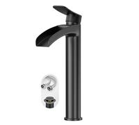 phiestina Matte Black Bathroom Faucet, Waterfall Single Hole Single Handle Vessel Sink Faucet, with Metal Pop Up Drain and Water Supply Lines, NS-SF01-MB-V