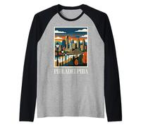 Philadelphia Skyline Pennsylvania Retro Vintage Art Raglan Baseball Tee