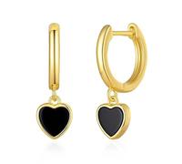 Philip Jones 18k Gold Plated Black Onyx Gemstone Heart Charm Hoop Earrings