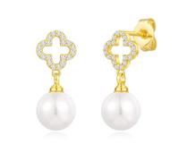 Philip Jones 18k Gold Plated Clover Pearl Drop Earrings Created with Zircondia® Crystals