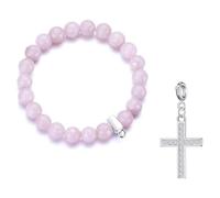 Philip Jones Faceted Rose Quartz Gemstone Bracelet with Cross Charm Created with Zircondia® Crystals