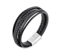 Philip Jones Men's Genuine Black Leather Bracelet with Stainless Steel Clasp