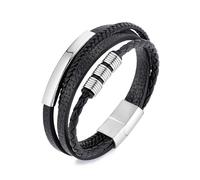 Philip Jones Men's Steel Genuine Black Leather Double Braided Bracelet