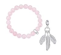 Philip Jones Rose Quartz Gemstone Bracelet with Feathers Charm