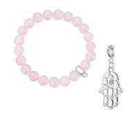 Philip Jones Rose Quartz Gemstone Bracelet with Hamsa Hand Charm Created with Zircondia® Crystals