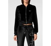 PHILIPP PLEIN Cropped Velvet Zip-Up Hoodie with Rhinestone Logo Detail - Size: S - female