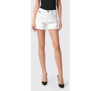 PHILIPP PLEIN High-Waisted Denim Mini Shorts with Frayed Hem and Logo - Size: 26 - female