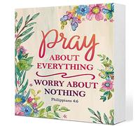 Philippians 4:26 Pray About Everything Worry About Nothing Floral Wooden Sign Desk Decor,Bible Verse Wood Block Sign Desk Decorations for Christian Home Bedroom Girls Room Office Shelf Table Decor