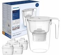 Philips Water Filter Jug +4 Micro X-Clean Replacement Filter Cartridges, Fast flow, White, 2.6 litres, Electronic timer (Package may vary)