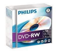 PHILIPS - 4x Speed DVD-RW Blank DVDs - Jewel Case 5 Pack