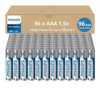 Philips AAA Batteries 92 Bulk Pack, 1.5v Ultra Alkaline Triple AAA. Batteries, 10-Year Shelf Life, Ultimate Long-Lasting AAA Battery, 129% More Power, Premium Performance, Leak-Proof.