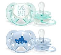 Philips Avent 2 Pack Super Soft BPA-Free Pacifiers for Babies Aged 0-6 Months, Boat/Baby (Model SCF222/01)