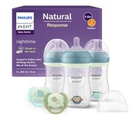 Philips Avent Natural Response Nighttime Set - 3 Baby Bottles 260 ml with Medium Flow Nipple (Flow 3), Glow-in-the-Dark Ring, 2 Ultra Soft Nighttime Pacifiers, Sleepy Animals Designs, SCD838/20