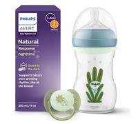Philips Avent Natural Response Nighttime Set - 9 oz/260 ml Bottle with Medium Flow Teat (Flow 3), with Glow-in-the-Dark Ring Accessory, Ultra Soft Nighttime Dummy, Sleepy Sloth Design, SCD838/17