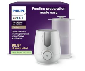 Philips Avent Premium 2-in-1 Warmer & Sterilizer - with Hospital-Standard Water Bath Technology, Smart Temperature Sensor, Hotspots Prevention, Chemical-Free Sterilization, Model SCF359/00