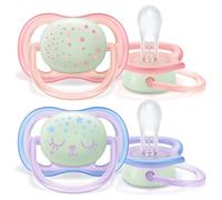Philips Avent Soothers, 0-6m Ultra Air Night Soother with Glow-in-the-Dark Button, Star/Bear Design, Pink/Purple (Pack of 2) - SCF376/12