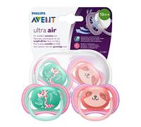 Philips Avent Soothers, 18m+ Ultra Air Baby Soother for Baby's Sensitive Skin with Self Sterilising Travel Case, Giraffe/Panda Design, Pink/Turquoise (Pack of 2) - SCF349/12