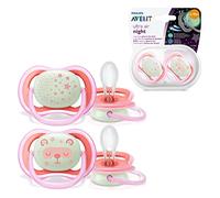 Philips Avent Soothers, 6-18m Ultra Air Night Soother with Glow-in-the-Dark Button, Star/Bear Design, Pink (Pack of 2) - SCF376/22
