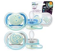 Philips Avent Soothers, 6-18m Ultra Air Night Soother with Glow-in-the-Dark Button, Star/Bird Design, Pink/Blue (Pack of 2) - SCF376/21