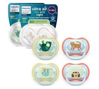 Philips Avent Ultra Air Day & Night Soothers - Orthodontic Design, for Babies 0-6 Months, Glow-in-The-Dark Version, Soft Silicone Symmetrical Teat, BPA-Free, Sterilizing Cases, 4 Pack, SCF087/22