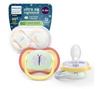 Philips Avent Ultra Air Nighttime Soothers - Orthodontic Design, for Babies 0-6 Months, Glow in The Dark, Soft Silicone Symmetrical Teat, BPA-Free, with Sterilizing Case, 2 Pack, SCF376/25