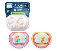 Philips Avent Ultra Air Nighttime Soothers - Orthodontic Design, for Babies 18 Months+, Glow in The Dark, Extra-Firm Silicone Symmetrical Teat, BPA-Free, with Sterilizing Case, 2 Pack, SCF376/33