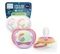 Philips Avent Ultra Air Nighttime Soothers - Orthodontic Design, for Babies 18 Months+, Glow in The Dark, Extra-Firm Silicone Symmetrical Teat, BPA-Free, with Sterilizing Case, 2 Pack, SCF376/33